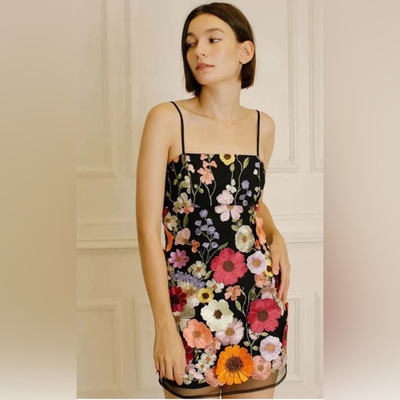 Storia Dresses & Skirts - Storia Black Mini Slip Dress with Multicolor 3D Floral Embroidery size M